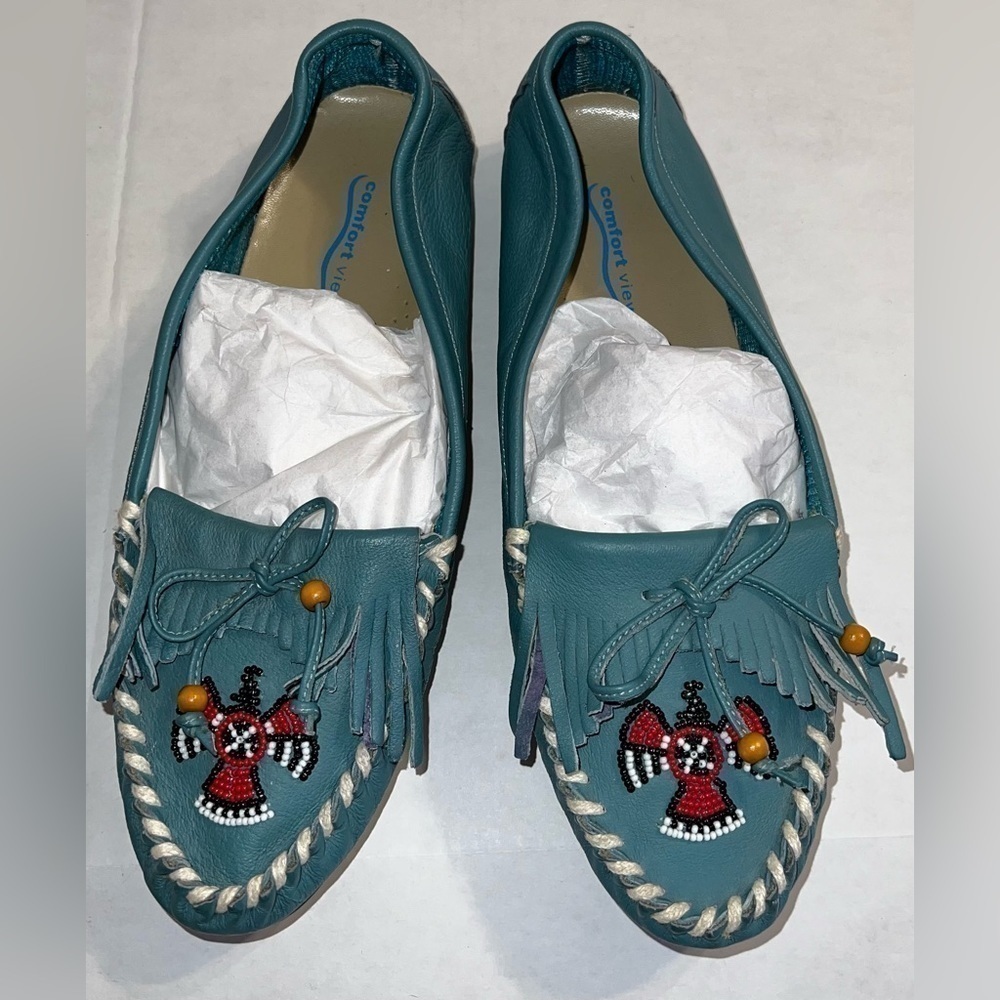 Teal leather Moccasins with beadwork size 10m - Picture 5 of 5